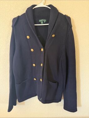 Lauren Ralph Lauren Navy Double-Breasted Knit Blazer with Gold Buttons